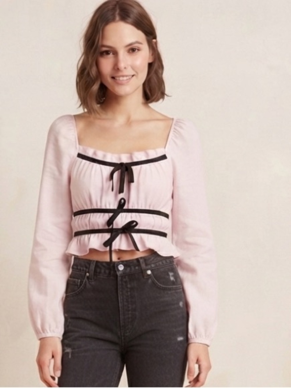 Indulge In Style Light Pink Blouse with Black Trim